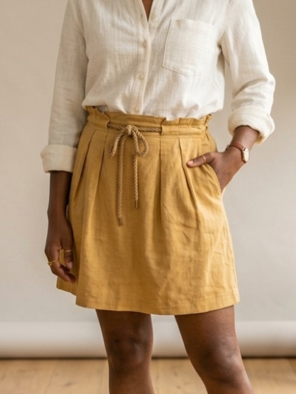 LOFT Mustard Yellow Pleated A-Line Skirt with Rope Tie Belt